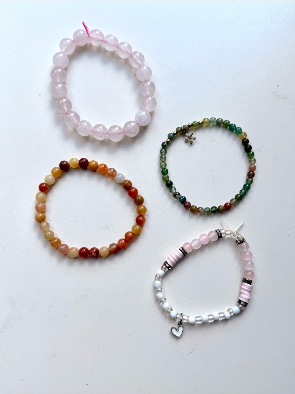 Handmade Gemstone Beaded Bracelet Set of 4 — Rose Quartz, Mookaite, Indian Agate